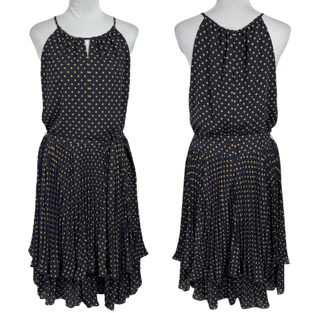 NEW Ann Taylor Polka Dot Pleated Halter Dress Size 14 Tiered Blue Yellow Belted